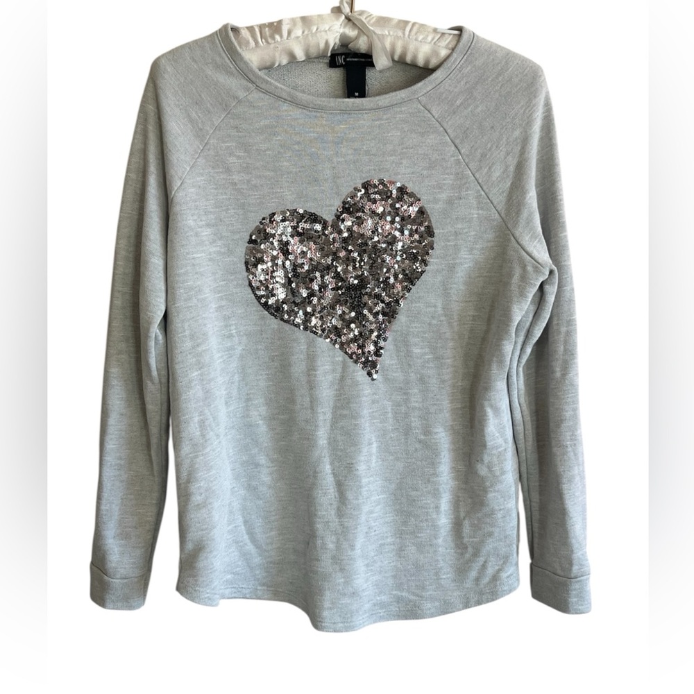 INC International Concepts Light Gray Sweatshirt with Sequin Heart